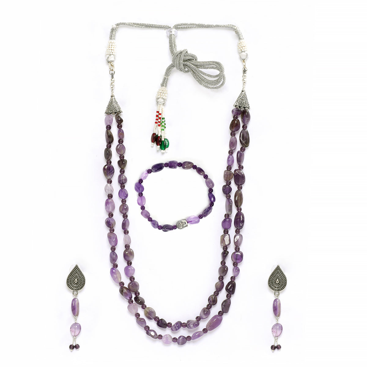 Eykaa brand necklace, earrings and bracelet set that features amethyst semi precious stone with white background.