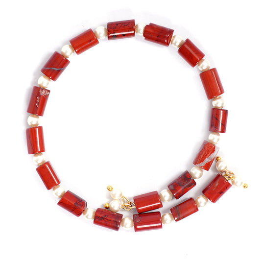 Eykaa brand red jasper with shell pearls semi precious stone bracelet on the white background.