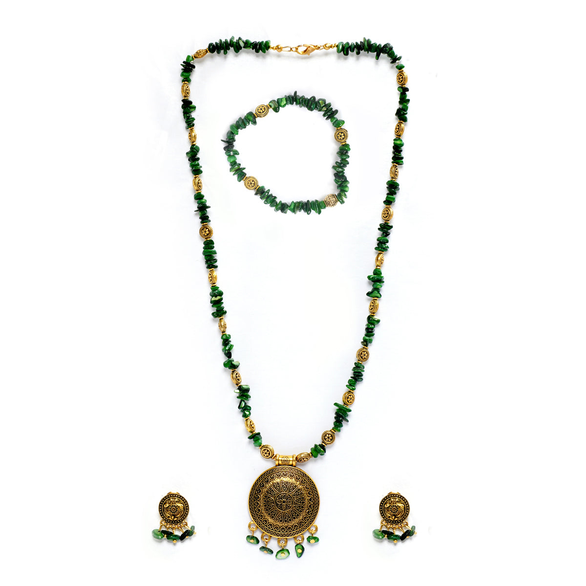 Eykaa GREEN MOTHER OF PEARL WITH GOLDEN CHARMS AND PENDANT BRACELET  with white background