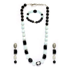 Eykaa Aquamarine With Lava And Black Onyx Necklace With Earrings And A Bracelet On A White Background. 