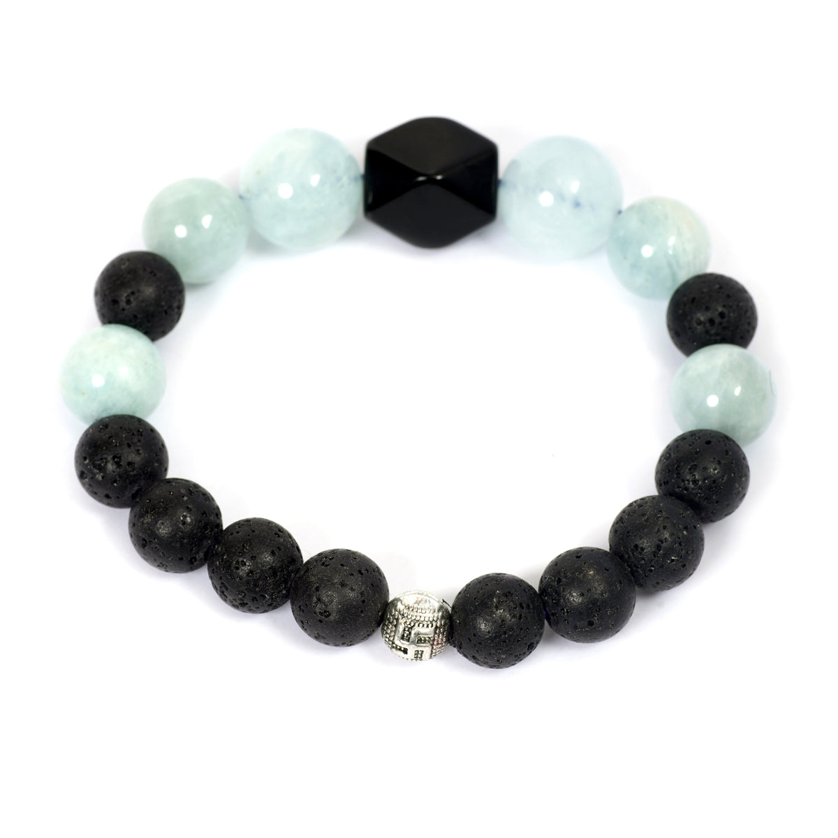 Eykaa Aquamarine With Lava And Black Onyx Bracelet On A White Background.