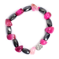 Eykaa brand bracelet that feature pink agate and hematite semi precious stones with a white background.