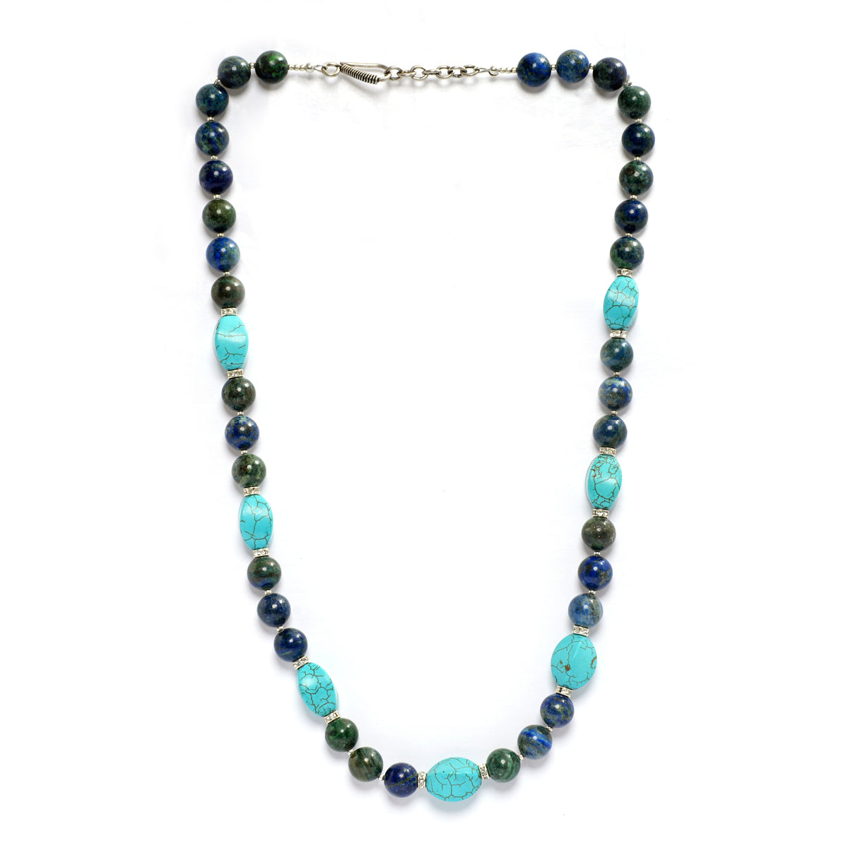 Azurite, firoza and silver beads with diamond charms semi precious stone Eykaa brand necklace  displayed on white background 