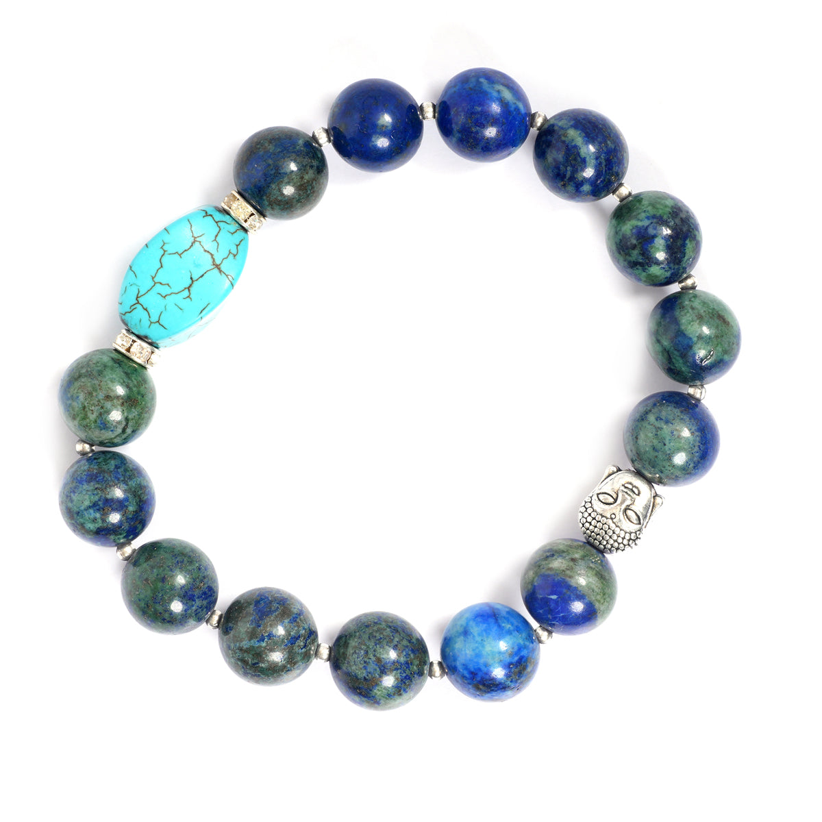 Eykaa Azurite With Firoza And Silver Beads With Diamond Charms Bracelet On White Background.