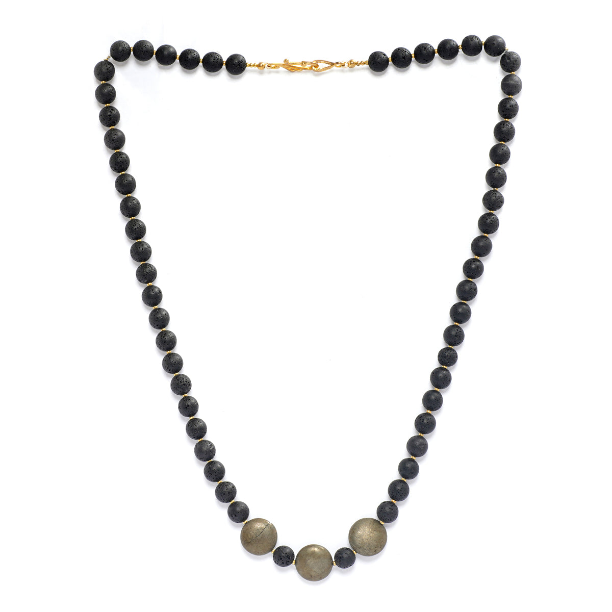 Eykaa necklace that features lava with pyrite coins semi precious stones with white background.