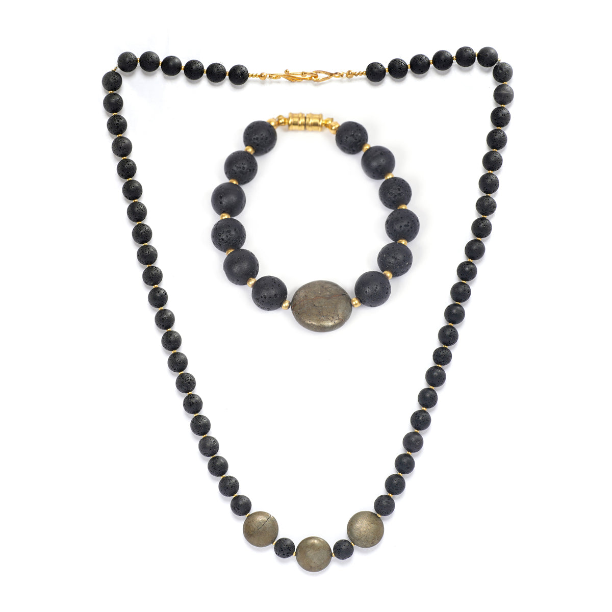 Eykaa necklace and bracelet that features lava with pyrite coins semi precious stones with white background.