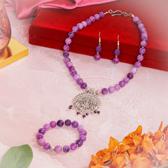 EYKAA PURPLE JADE AND SILVER PENDENT NECKLACE WITH EARRINGS