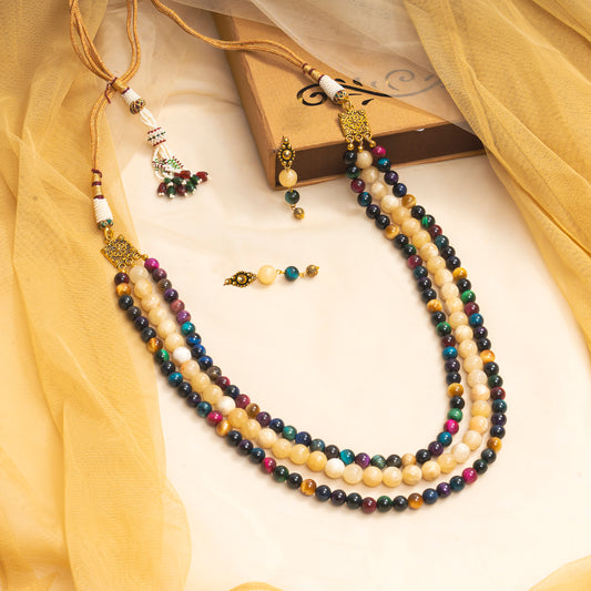 EYKAA YELLOW CALCITE AND MULTI-COLOUR TIGER EYE LAYERED NECKLACE WITH EARRINGS