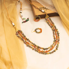 EYKAA UNAKITE AND ORANGE AVENTURINE THREE LAYER NECKLACE AND EARRINGS