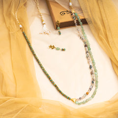 EYKAA GREEN AVENTURINE, DALMATIAN, GOLDEN HEMATITE AND JADE NECKLACE WITH EARRINGS