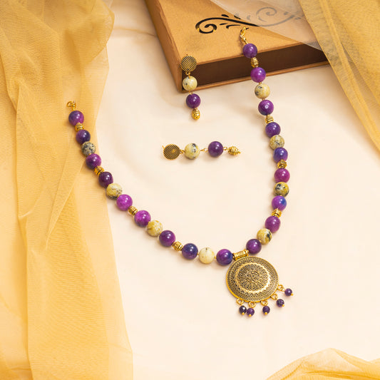 EYKAA SERPENTINE AND PURPLE JADE NECKLACE WITH EARRINGS