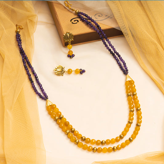 EYKAA YELLOW AND PURPLE JADE NECKLACE WITH EARRINGS