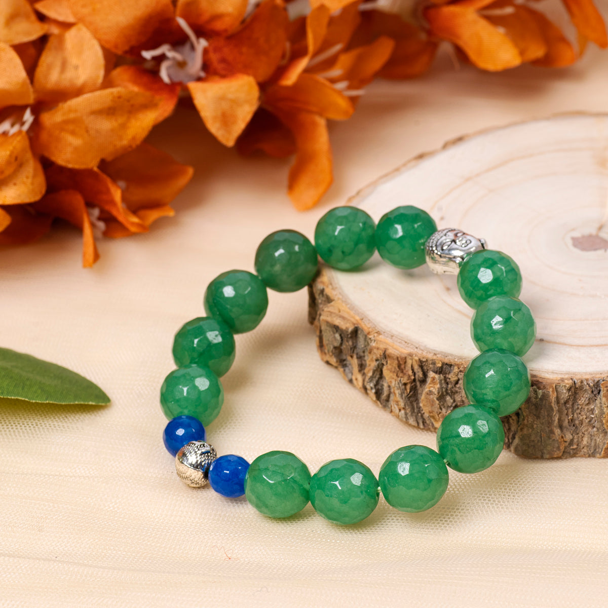 Eykaa BLUE AND GREEN JADE WITH SILVER PENDANT SILVER BEADS BRACELET