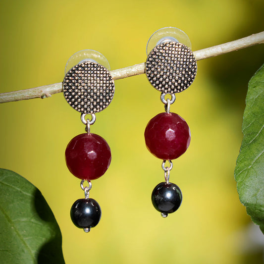 EYKAA REDISH PINK JADE AND BLACK HEMATITE EARRINGS