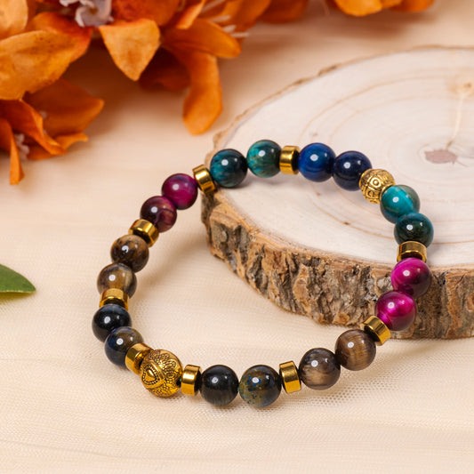 TIGER EYE, RAINBOW TIGER EYE HEMATITE WITH GOLDEN PENDANT BRACELET