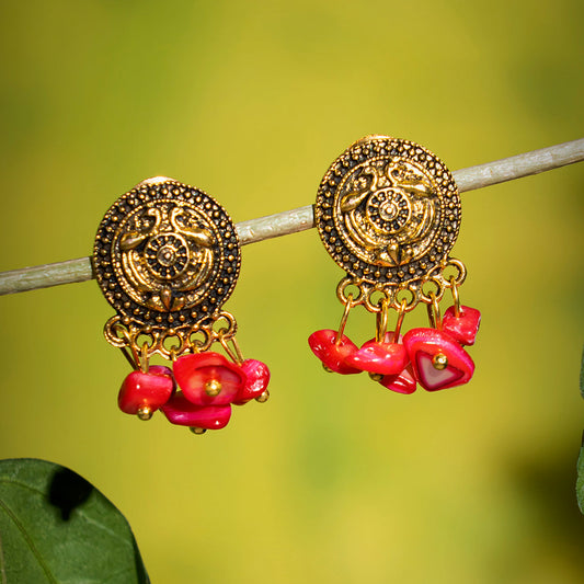 EYKAA UNCUT RED MOTHER OF PEARL WITH GOLDEN CHARMS EARRING