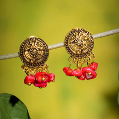 EYKAA UNCUT RED MOTHER OF PEARL WITH GOLDEN CHARMS EARRING