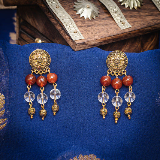 EYKAA CLEAR QUARTZ AND RED ONYX EARRINGS