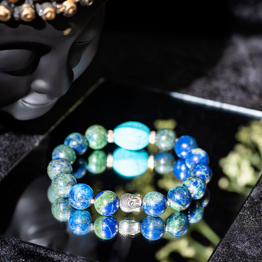 Eykaa Azurite With Firoza And Silver Beads With Diamond Charms Bracelet On Mirror Surface.