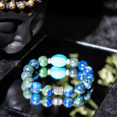 Eykaa Azurite With Firoza And Silver Beads With Diamond Charms Bracelet On Mirror Surface.