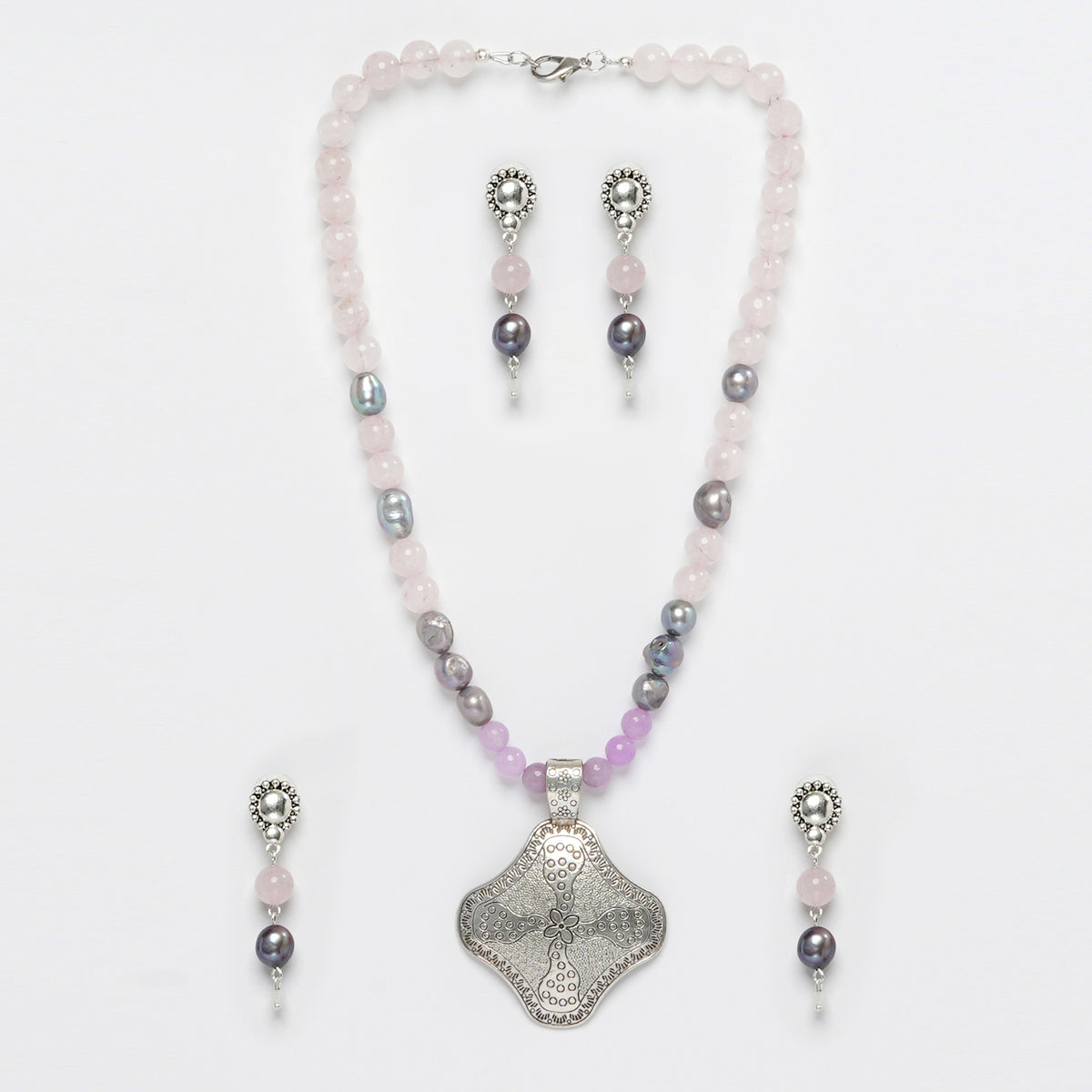 Eykaa Rose Quartz, Jade, And Freshwater Pearl Necklace With Earrings On A White Background.