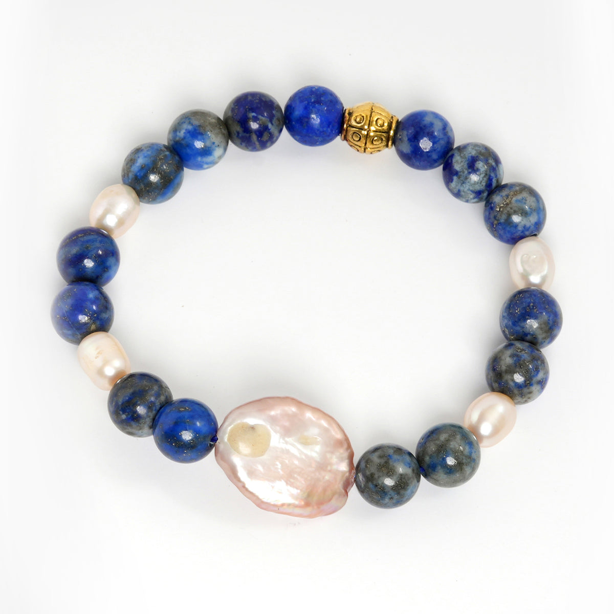  Eykaa Lapis Lazuli, Freshwater Pearl, And Jade Bracelet On A White Background.