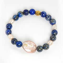  Eykaa Lapis Lazuli, Freshwater Pearl, And Jade Bracelet On A White Background.