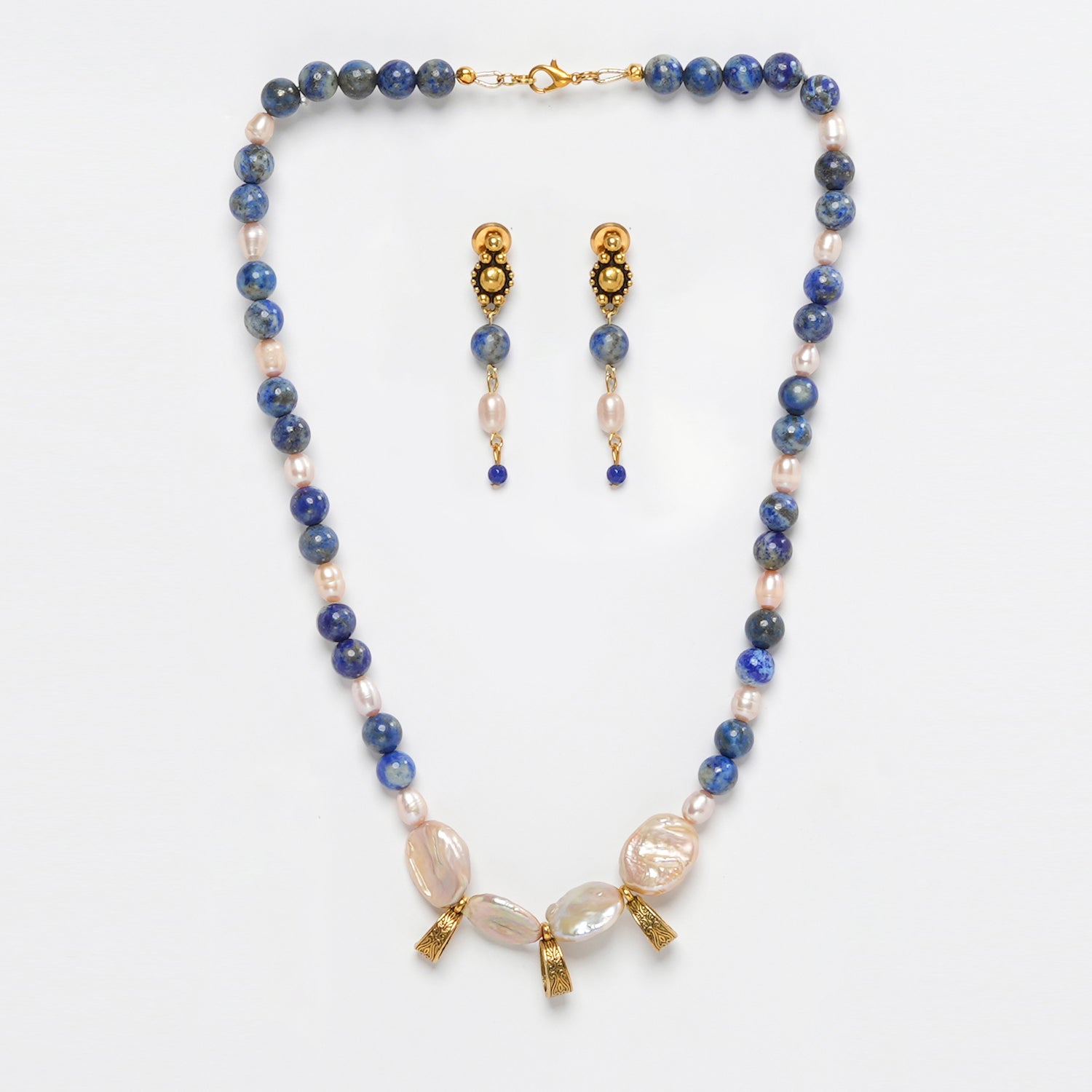 Eykaa Lapis Lazuli, Freshwater Pearl, And Jade Necklace With Earrings On A White Background.