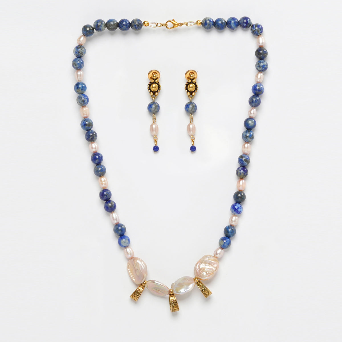Eykaa Lapis Lazuli, Freshwater Pearl, And Jade Necklace With Earrings On A White Background.