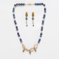 Eykaa Lapis Lazuli, Freshwater Pearl, And Jade Necklace With Earrings On A White Background.
