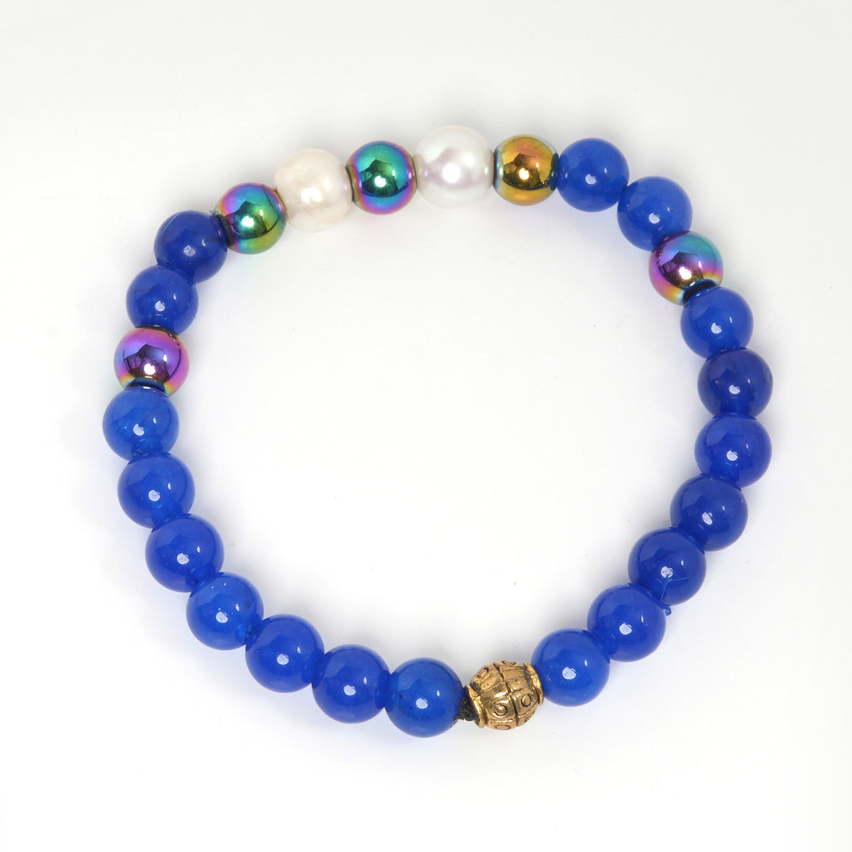 Eykaa Blue Onyx, Rainbow Hematite, And Freshwater Pearl Bracelet On A White Background.