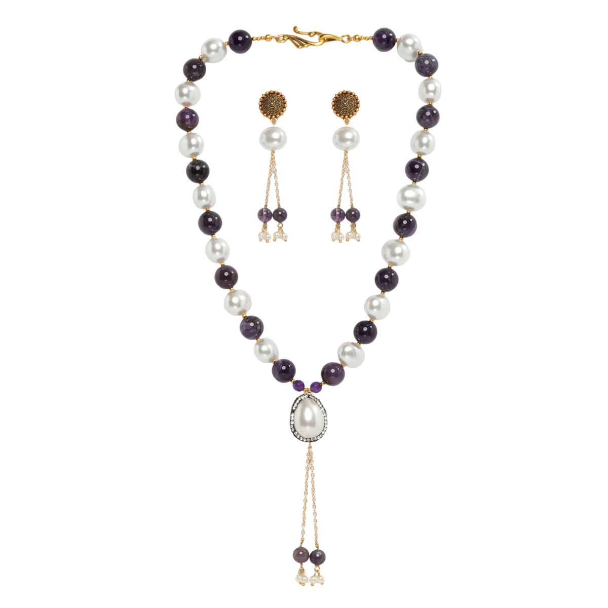 EYKAA AMETHYST, KOREAN  PEARL BALLS AND SHELL PEARL PENDANT NECKLACE WITH  EARRINGS