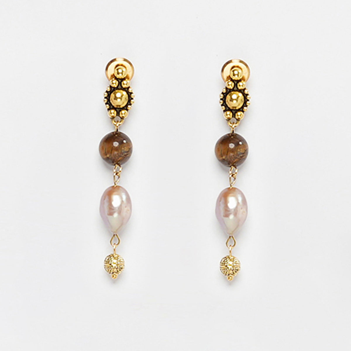 EYKAA FRESHWATER PEARL AND TIGER EYE EARRINGS