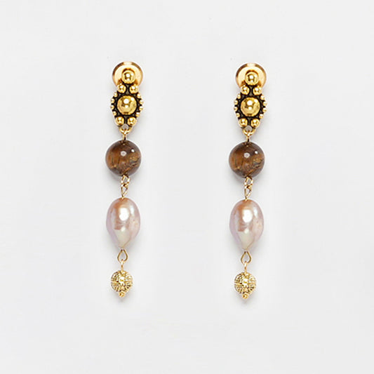 EYKAA FRESHWATER PEARL AND TIGER EYE EARRINGS