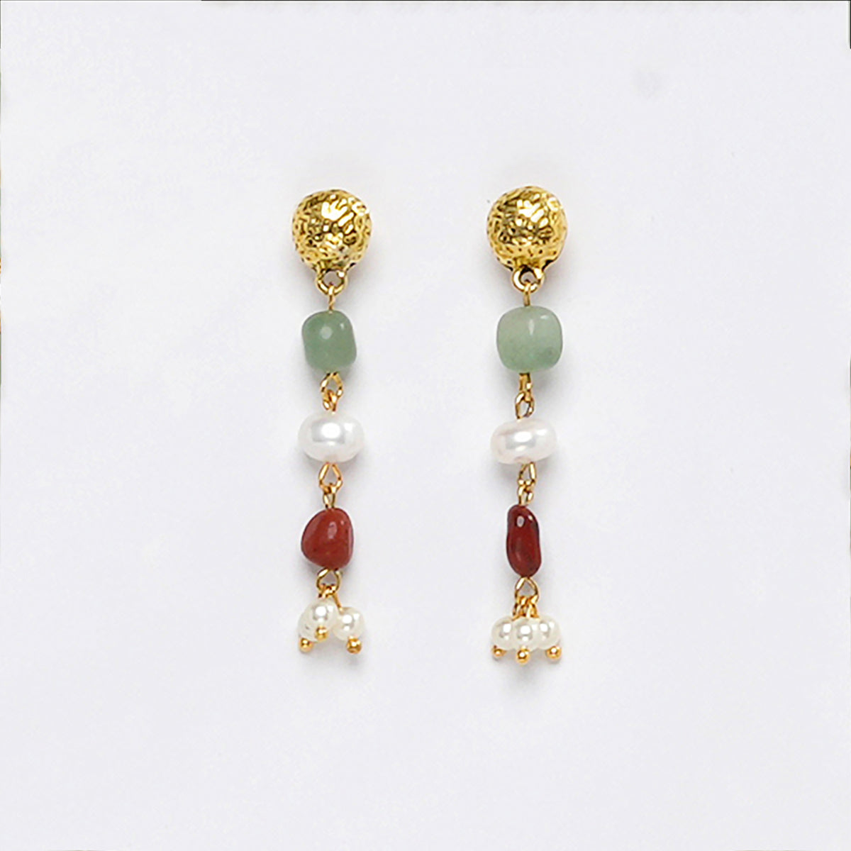 EYKAA GREEN AVENTURINE, GOLDEN HEMATITE WITH GOLDEN CHARMS AND SHELL PEARLS EARRINGS