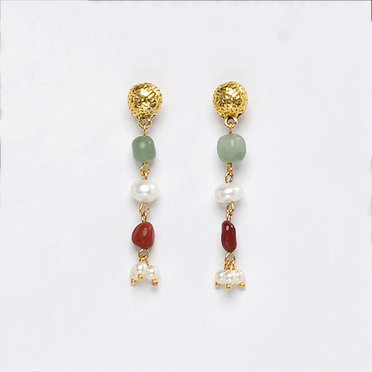 EYKAA GREEN AVENTURINE, GOLDEN HEMATITE WITH GOLDEN CHARMS AND SHELL PEARLS EARRINGS