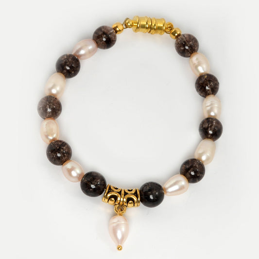 Eykaa Smokey Quartz And Fresh Water Pearl Bracelet On A White Background.