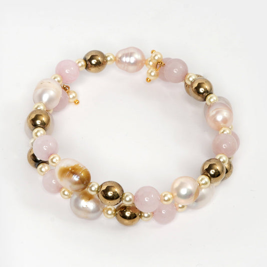 EYKAA HEMETITE ROSS QUARTZ, FRESH WATER PEARL AND SHELL PEARL BRACELET