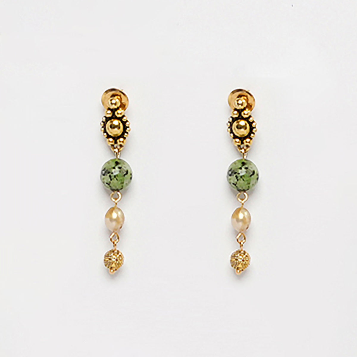 EYKAA GREEN DALMATIAN AND FRESH WATER PEARL EARRINGS