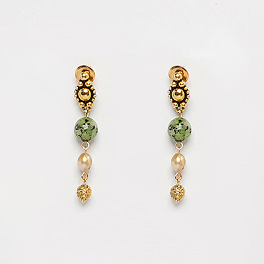 EYKAA GREEN DALMATIAN AND FRESH WATER PEARL EARRINGS