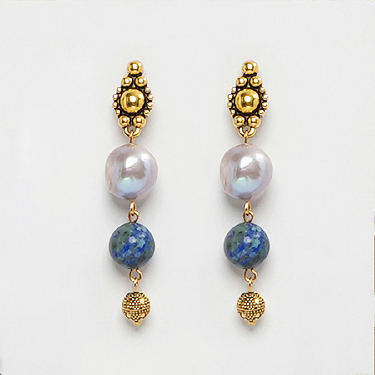 EYKAA AZURITE WITH FRESHWATER PEARL EARRINGS