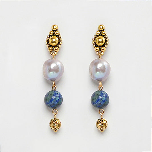 EYKAA AZURITE WITH FRESHWATER PEARL EARRINGS