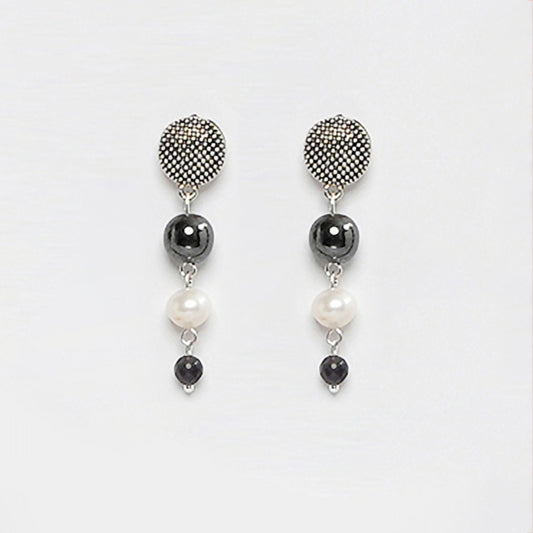 EYKAA HEMATITE AND FRESHWATER PEARL EARRINGS