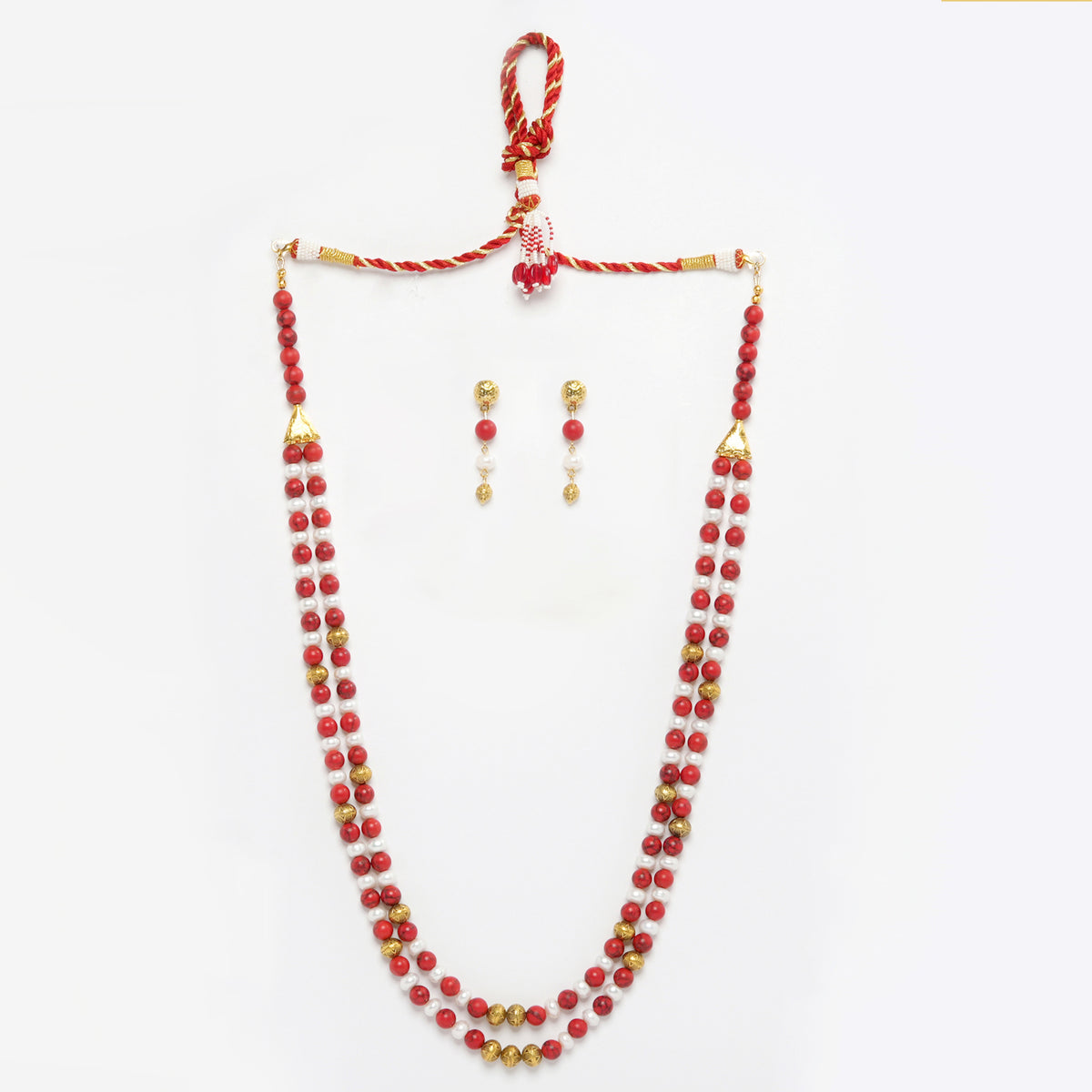 Eykaa Red Howlite And Freshwater Pearl Necklace With Earrings On A White Background.