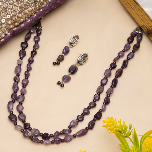 EYKAA AMETHYST TUMBLE LAYERED NECKLACE WITH EARRINGS