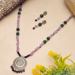 EYKAA PURPLE FACETED JADE AND AZURITE NECKLACE WITH EARRINGS