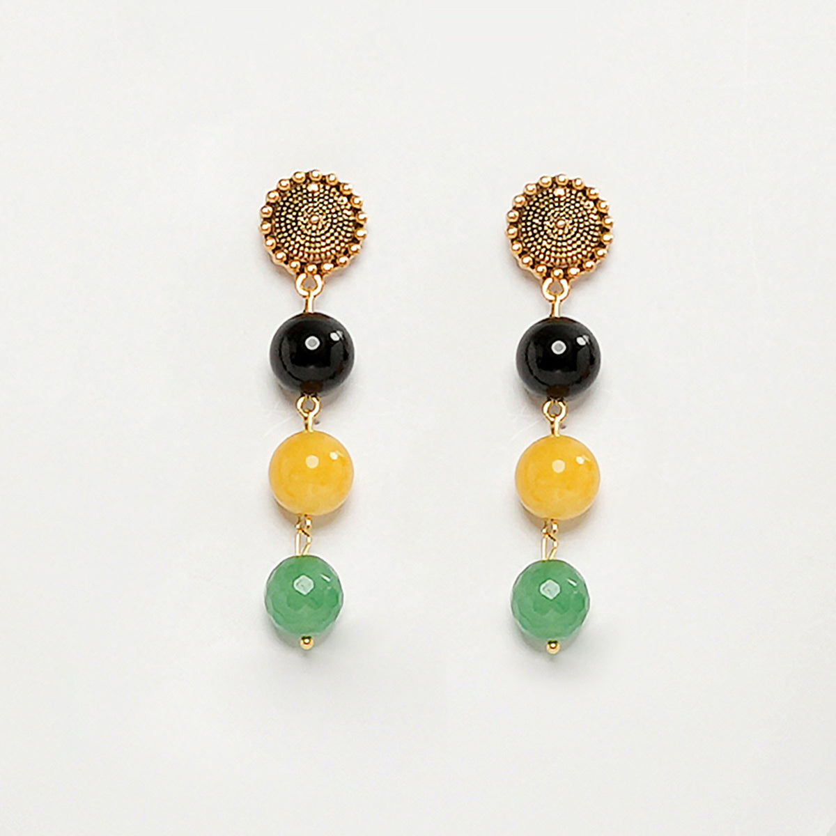 EYKAA BLACK ONYX, RED JASPER, GREEN AND YELLOW JADE EARRINGS