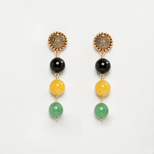 EYKAA BLACK ONYX, RED JASPER, GREEN AND YELLOW JADE EARRINGS