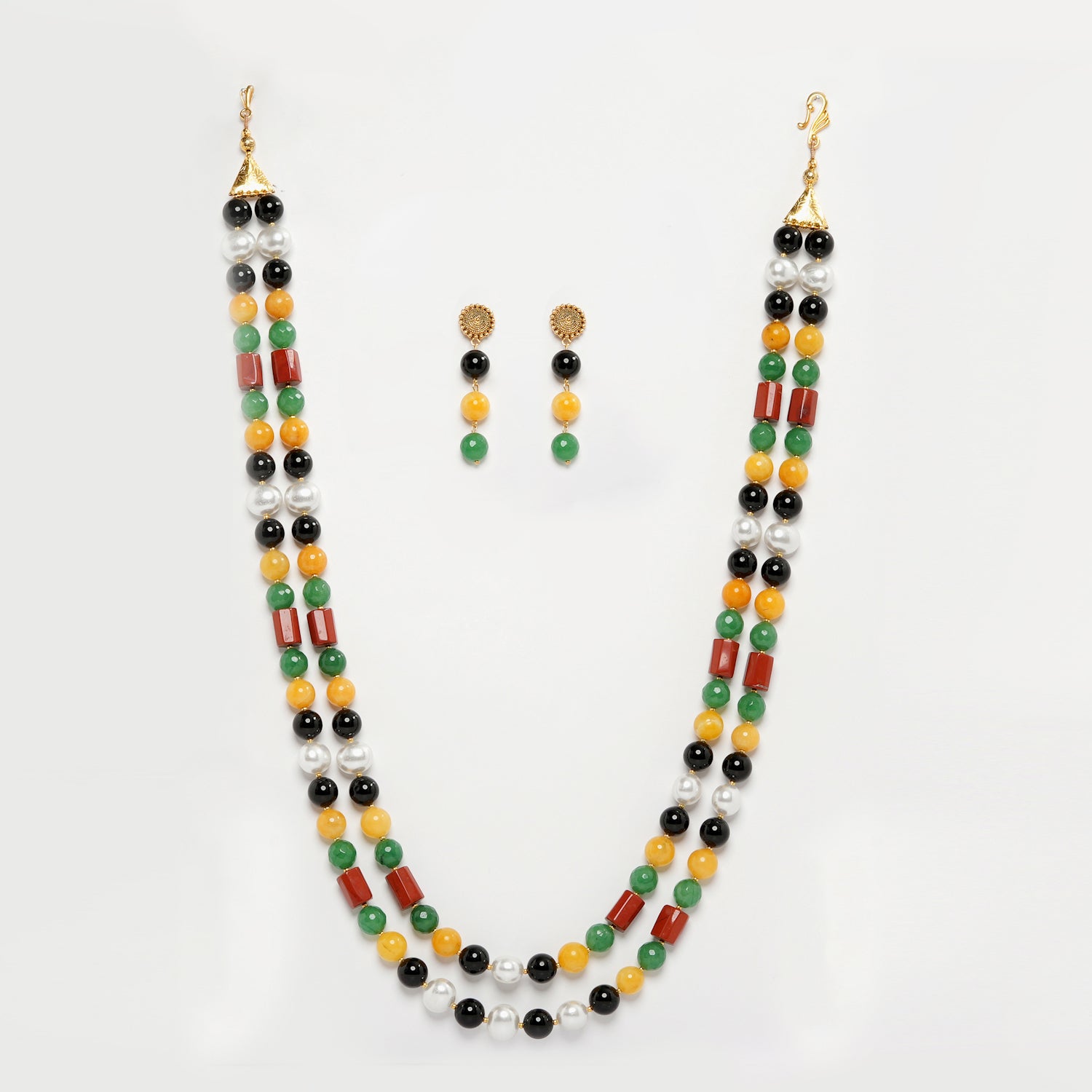  Eykaa Black Onyx, Red Jasper, Green Jade And Yellow Jade With Korean Pearl Ball Necklace On A White Background.