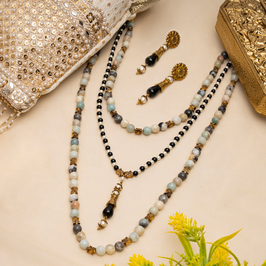 EYKAA AMAZONITE, BLACK ONYX AND SHELL PEARL LAYERED NECKLACE WITH EARRINGS